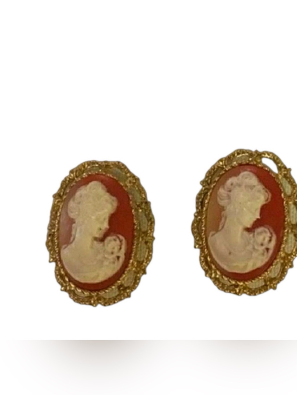 Vintage Style Gold Cameo Earrings - Red and Cream